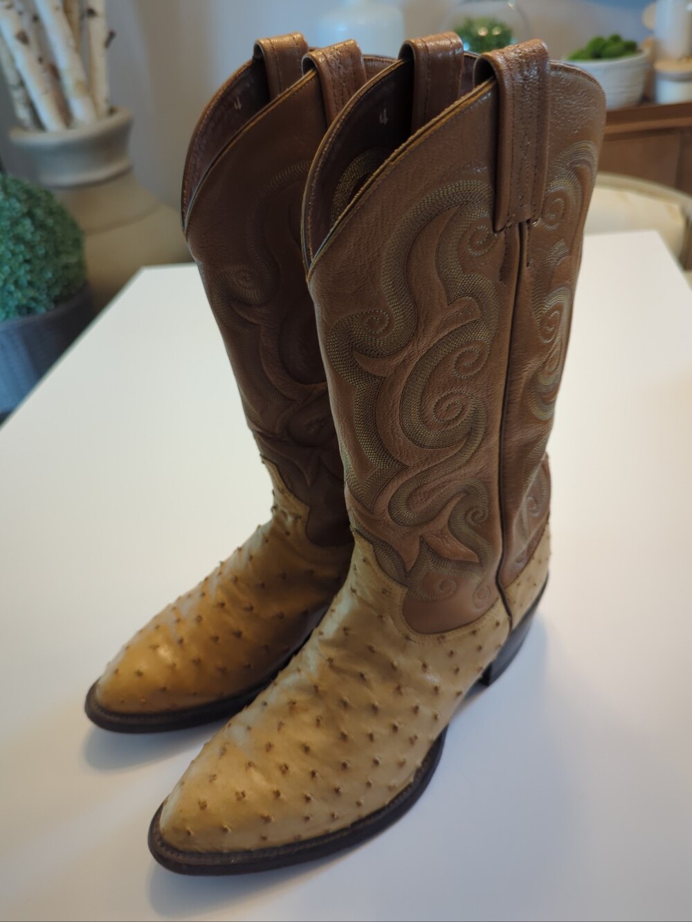 Vintage Tony Lama Full Quill Ostrich Western Cowboy Boots Size 9.5D Tan EUC